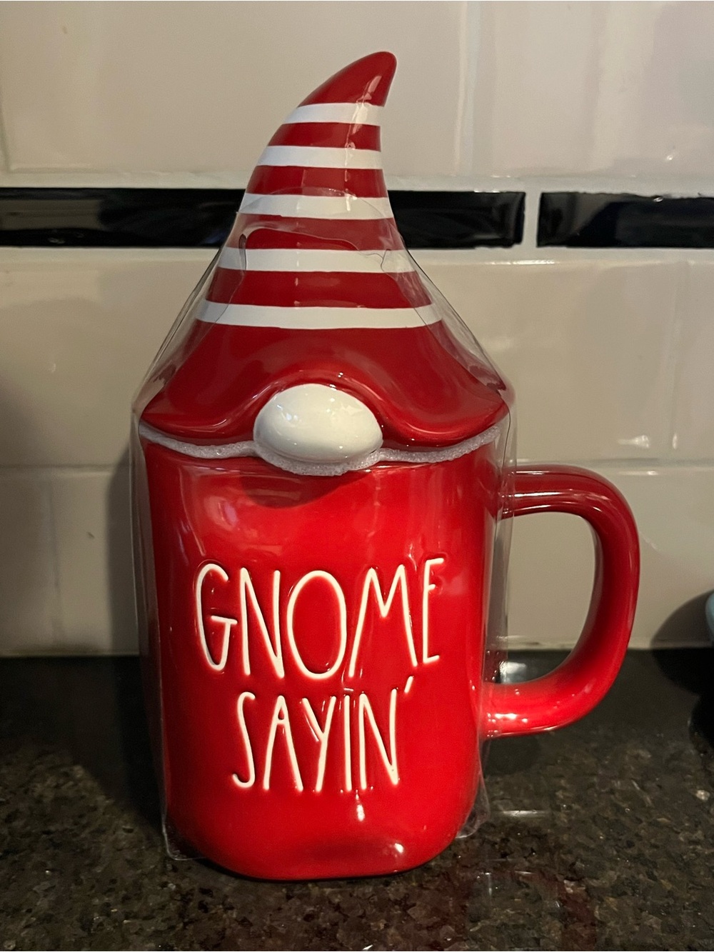 Rae Dunn Red Gnome Sayin' Ceramic Mug with Lid